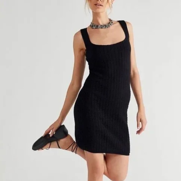 Free People Beach Black Waffle Knit Sleeveless Mini Dress SZ Med - Picture 10 of 12
